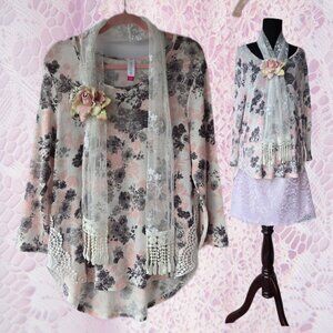 BUNDLE (3) Sweater Top & Rose Brooch Accessory Romantic Lace Fairycore Cottage
